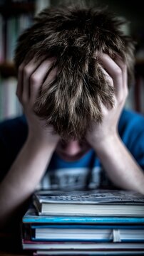 Teen struggling with studies in a quiet library setting