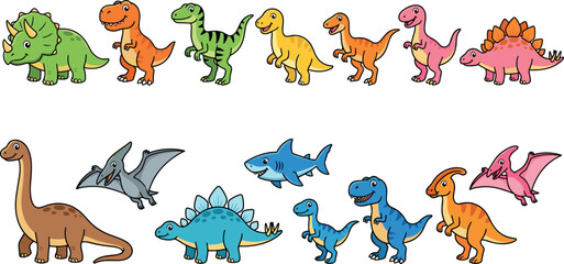 Illustration Set of Colorful Cartoon Dinosaurs Including T-Rex, Stegosaurus, and Brontosaurus for Kids, Education, and Prehistoric Designs © MdRaisul