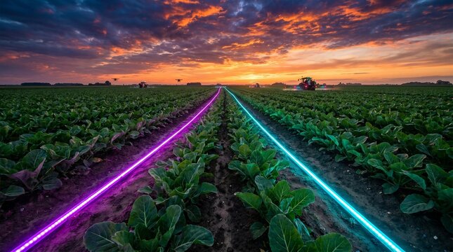 A cinematic wide-angle shot of a smart farm at sunset, featuring rows of leafy crops with glowing neon purple and cyan light trails running between them likely representing AI-guided paths.