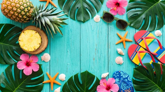 Vibrant tropical summer flat lay with refreshing pineapple, lush green leaves, and colorful beach accessories artfully arranged on a rustic blue wooden background, evoking a sunny vacation spirit