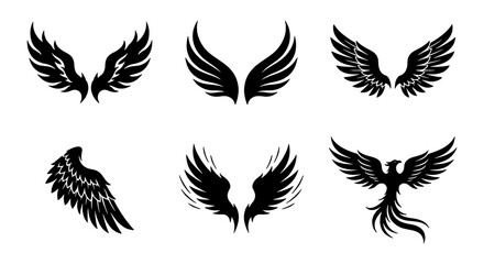 Set of 6 Black Silhouette Wings and Phoenix Vector Icons, Angelic and Mythical Creature Symbols for Graphic Design Projects © Zubaraj