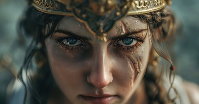 Goddess Nike Victory Warrior Portrait Greek Mythology Laurel Crown Battle Scars Defiant Gaze