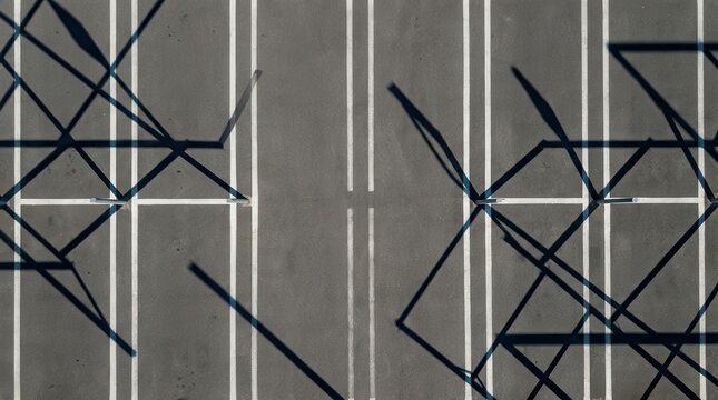 Aerial view of an asphalt parking lot surface with distinct white parallel lines and cast shadows, showcasing organized urban infrastructure.
