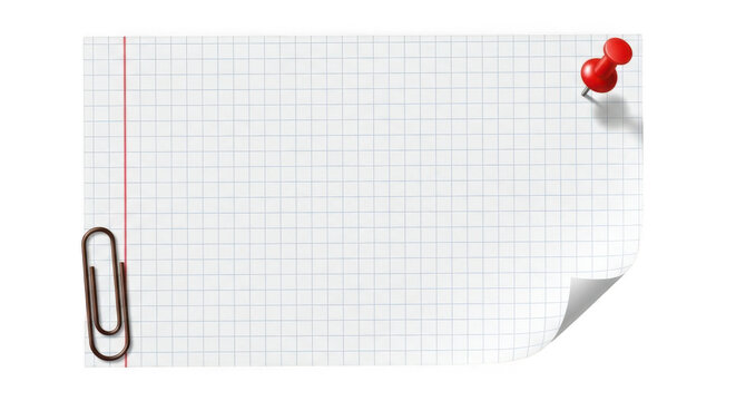 Blank squared paper with paperclip and thumbtack, isolated on white isolated on transparent background