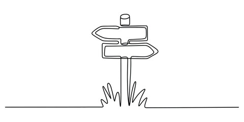 Continuous line drawing of a wooden road signpost showing two directions © Simanto