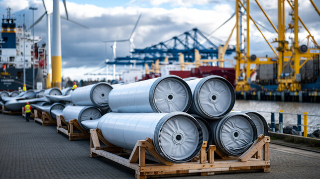 Wind turbine blade storage yard at industrial port, dozens of enormous white blade sections resting in cradles beside cargo ships, workers appearing tiny beside the scale, perfect for wind energy lo