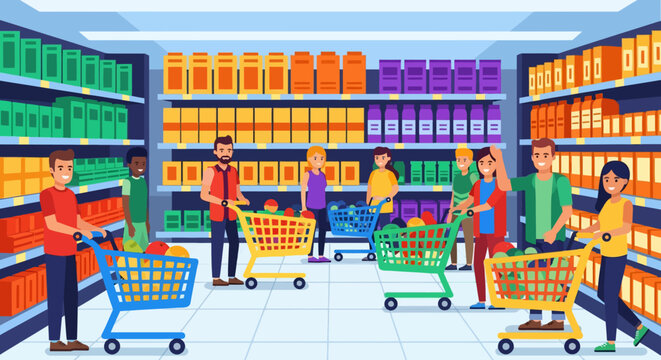 Diverse group of people shopping in a supermarket aisle.