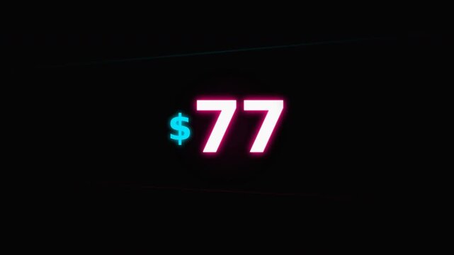 Neon glowing price tag on dark black background with cyan dollar sign and pink numerals, minimal futuristic style for sales or promotion.