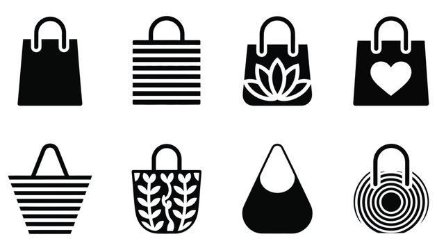 Striped and patterned black and white tote bag illustration isolated on white, trendy shopping accessory symbol
