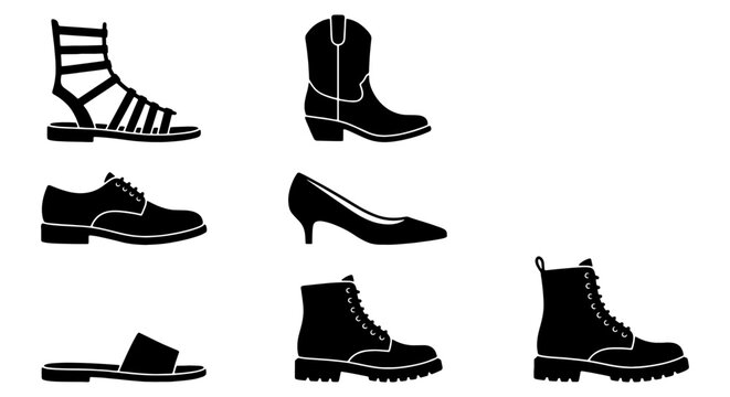 Diverse Footwear Icons: Gladiator Sandals, Cowboy Boots, Dress Shoes, Heels, Combat Boots, Slides, Vector Set for Fashion and Retail
