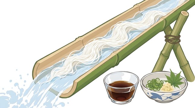 Authentic Nagashi Somen Japanese Noodles Flowing on Bamboo Slide Illustration for Summer Cultural Festival Campaign
