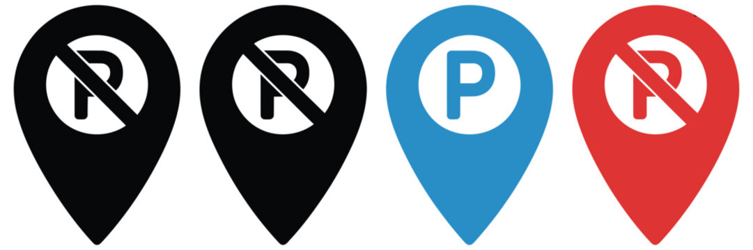 Parking and no parking icon sign inside of location map with white background. No parking vector illustrating prohibited parking areas, road regulation signage, map location markers, 