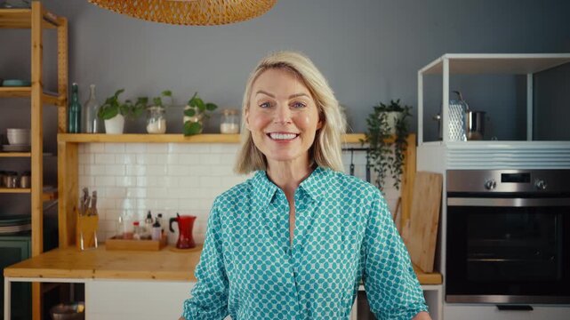 Attractive middle-aged woman standing in a modern kitchen, smiling at the camera with fresh vegetables on the counter, ready to prepare a delicious and healthy home-cooked meal