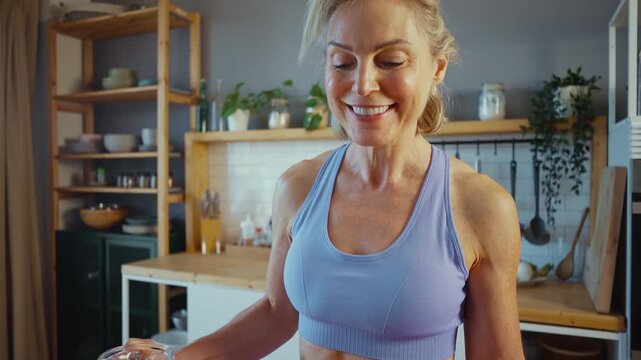 Smiling senior woman eating celery stick in kitchen: and preparing healthy snacks and bevarages. healthy lifestyle