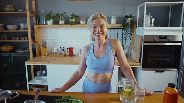 Smiling senior woman eating celery stick in kitchen: and preparing healthy snacks and bevarages. healthy lifestyle