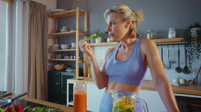Smiling senior woman eating celery stick in kitchen: and preparing healthy snacks and bevarages. healthy lifestyle