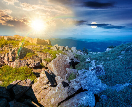 day meet night in mountain landscape with stones and grass. view of mountains on summer solstice. sun and moon over white sharp stones on the rolling hills on top of mountain range under epic sky