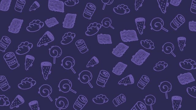 Fast food pattern on dark background. Each sketch is playful, hand-drawn, and whimsical. Candy, pizza, chips, and soda can appear scattered. Ideal for children's designs, fun menus