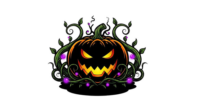 Spooky jack-o'-lantern with vines isolated on a transparent background