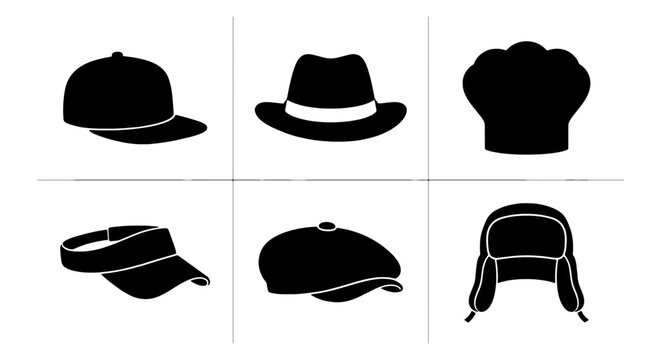 Six Black Silhouette Headwear Icons: Baseball Cap, Fedora, Chef Hat, Visor, Flat Cap, Ushanka Hat, Vector Graphics for Fashion and Apparel Design