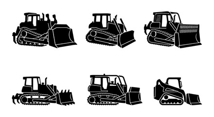 Bulldozer Vector Icons Set, Heavy Construction Machinery Silhouettes, Earthmoving Equipment Graphics, Industrial Vehicle Illustrations © Zubaraj