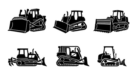 Set of Six Black Silhouette Bulldozer Icons, Construction Vehicle Vector Graphics, Heavy Machinery Illustrations for Industry and Engineering Projects © Zubaraj