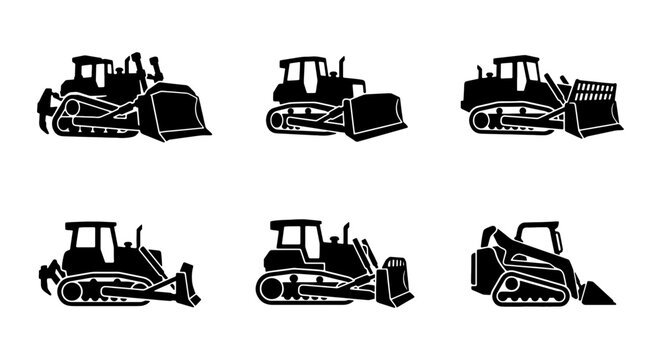 Bulldozer Vector Icons, Construction Equipment Silhouettes, Heavy Machinery Set, Industrial Vehicle Graphics