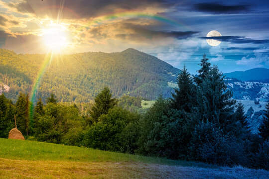 day meet night on mountain hay field. sun and moon over alpine countryside summer landscape with green valley behind the woods on the grassy slope at twilight. cloudy sky. epic highland background