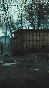 A rundown building stands empty among bare trees. The ground is uneven with debris scattered around. Fog adds a layer of mystery to the scene. It is daytime and the light is dim.