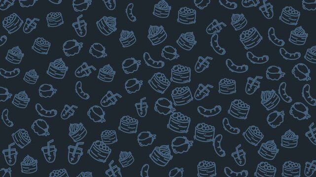 Dark background holds playful food outlines. Blue sketches include burgers, cheese, and veggies. Simple lines evoke casual dining or menu design. Perfect for kid-friendly or food-related projects