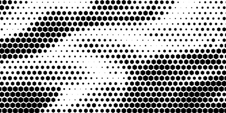 Hexagon halftone gradient texture. Abstract black grunge background.