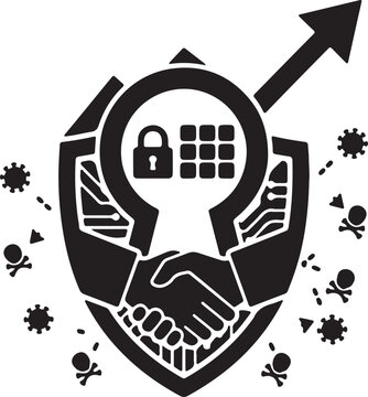 Keyhole silhouette featuring numeric keypad and lock icon for secure access with handshake and shield symbols.