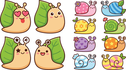 Cute kawaii snail character vector set featuring expressive leaf snails and colorful patterned snails for kids stickers nursery wall art and children education design concepts. © MD