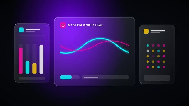 A creative glassmorphism UI animation featuring floating abstract geometric primitives behind frosted translucent panels.