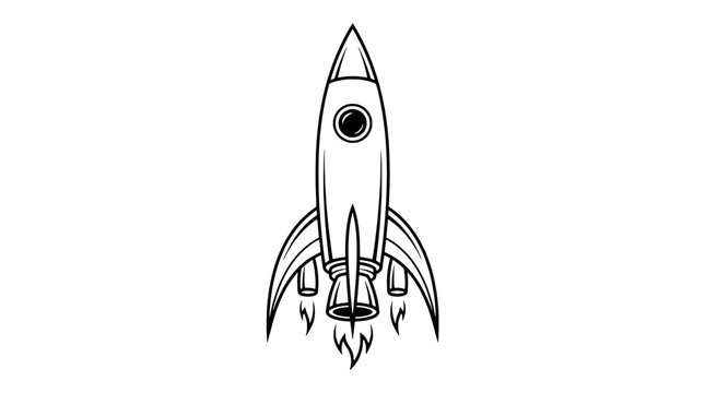 Rocket ship outline icon with retro fins and flame accents, line art graphic for space adventure branding and posters
