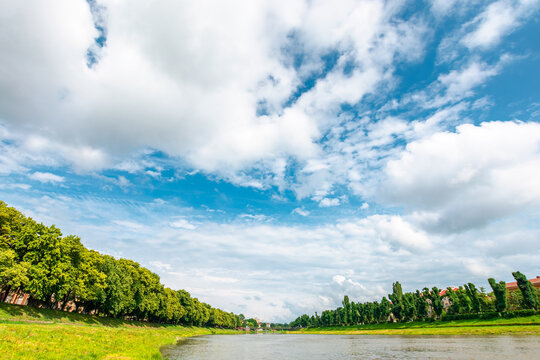 longest linden alley in europe on the Uzh river embankment. trees on a sunny summer afternoon. travel destination of transcarpathia. uzhhorod street cityscape beauty