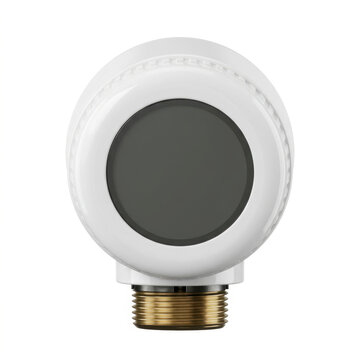White smart showerhead with digital touchscreen interface and brass fitting.