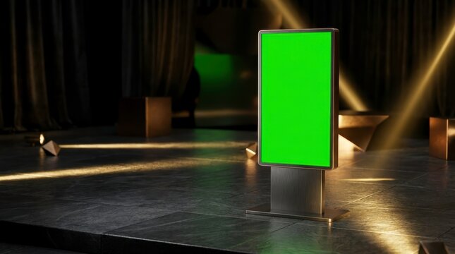 High-end luxury corporate event stage with green screen chroma key display monitor, elegant dark marble virtual studio background with glowing gold light trails