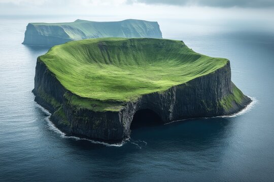 Loki's Trickster Isle: Norse Mythology Volcanic Cliffs Sea Cave Stack Amid Atlantic Waves Aerial Vista