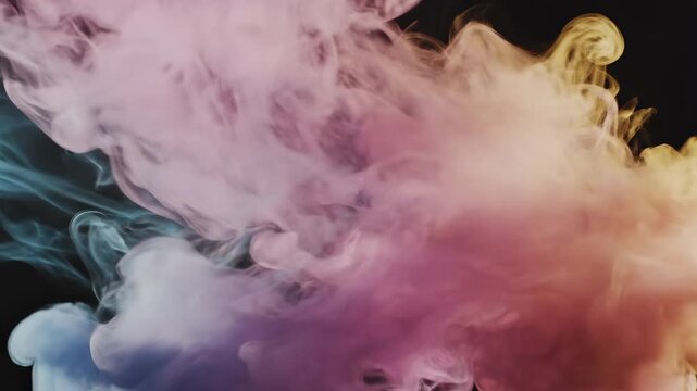 Vibrant swirling colored plumes of vapor gently unfurl across a dark expanse, creating a captivating and atmospheric abstract visual with mesmerizing gradients of pink, purple, blue, and yellow