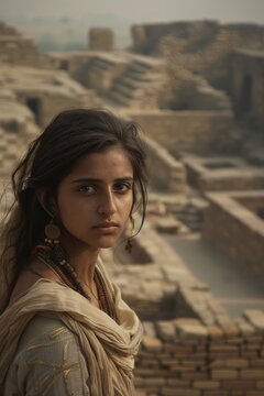 Mohenjo-daro Archaeological Site: Heritage Woman Portrait in Indus Valley Civilization Ruins and Urban Legacy