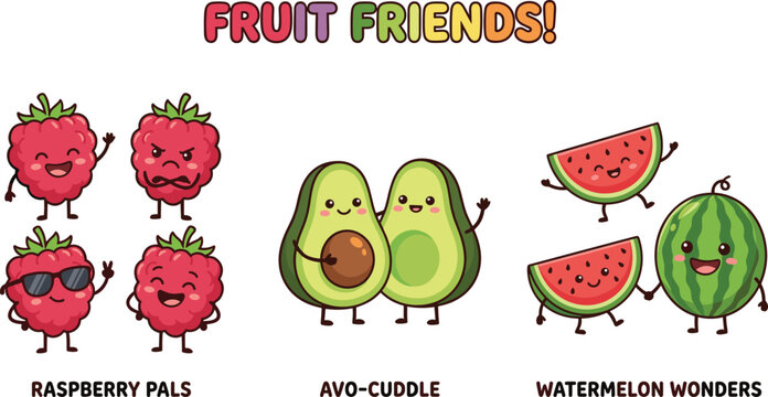 Fruit friends vector set featuring cute kawaii raspberry pals avocado cuddle couple and watermelon wonders with funny facial expressions for greeting cards and sticker design.