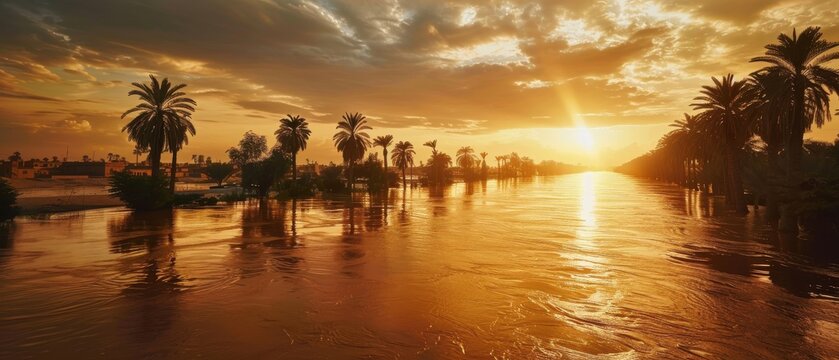 Nile Inundation Flood Surges Over Date Palm Banks Near Mudbrick Villages Ancient Egypt Floodplain Panorama