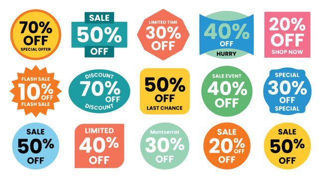 Discount labels, sale stickers, promotional tags, colorful badges, vector icons