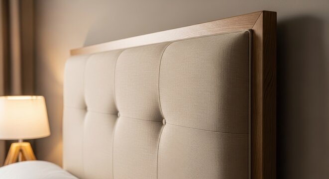 Close-up of a warm oatmeal linen upholstered tufted headboard with a wooden frame, showcasing plush comfort and elegant bedroom design.