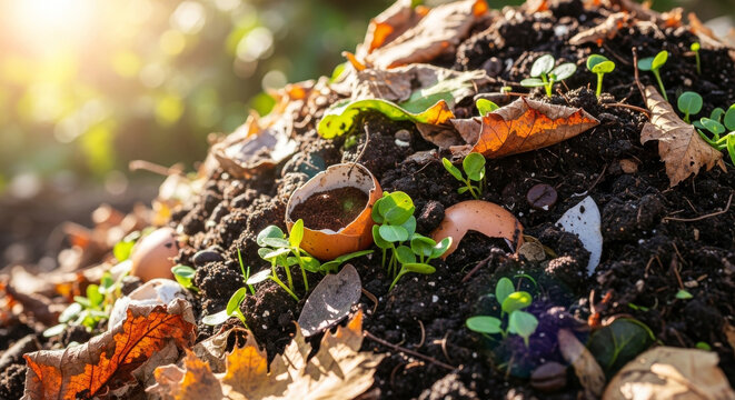 Compost heap with leaves and organic matter decomposing naturally in a backyard garden setting. This photo illustrates soil preparation, sustainable farming, and eco-friendly gardening practices.