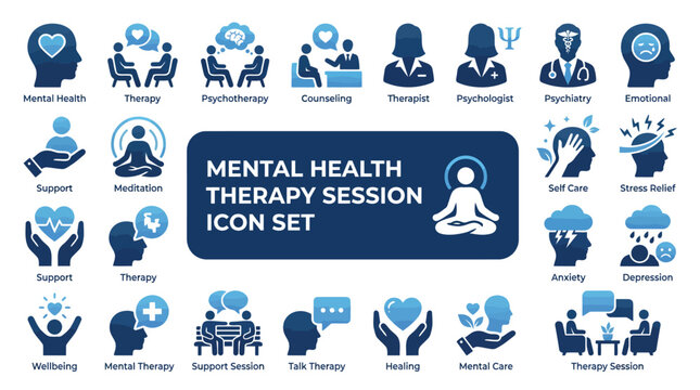 Mental health and therapy session icon set featuring counseling, psychotherapy, stress relief, anxiety, depression, meditation, emotional support, and wellness psychology symbols.