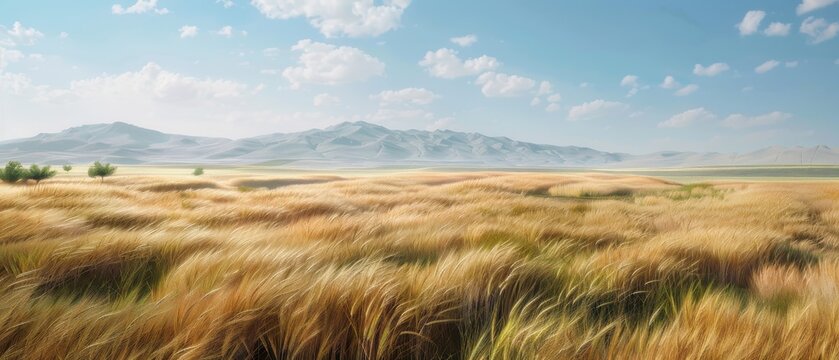 Panoramic Swaying Wheat Fields Ancient Mesopotamia Fertile Crescent Cradle Civilization Vast Plains Dune Mountains