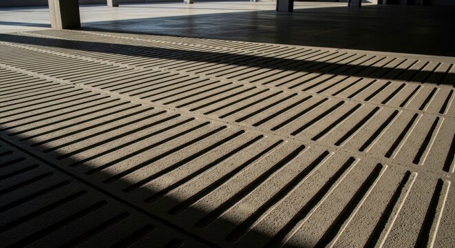 Intricate concrete floor pattern with strong diagonal shadows in a parking structure, showcasing architectural detail.