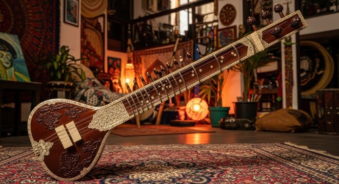 Exquisite Sitar with Intricate Carvings and Metal Accents on a Richly Patterned Carpet